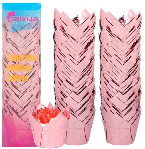 SRIVIJA 100Pcs Greaseproof Paper Muffin Liners，Tulip Cupcake Liners，Baking Liners，Premium Baking Cups Cupcake Wrappers for party,Weddings, Birthdays(Rose gold)