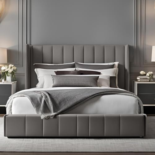 Furnishion Wingback Panel Ottoman Bed Double - Grey Velvet Double Bed with Storage - Upholstered Panel Double Bed and Mattress Included & 48inch High Headboard