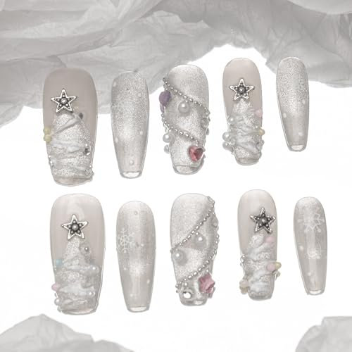 Sun&Beam Nails Handmade Press-on Medium Long Coffin Ballerina White Silver Purple Pink Christmas 3D Sweet Design Fashion False Nail Tips 10 Pcs Set (#197 XS)