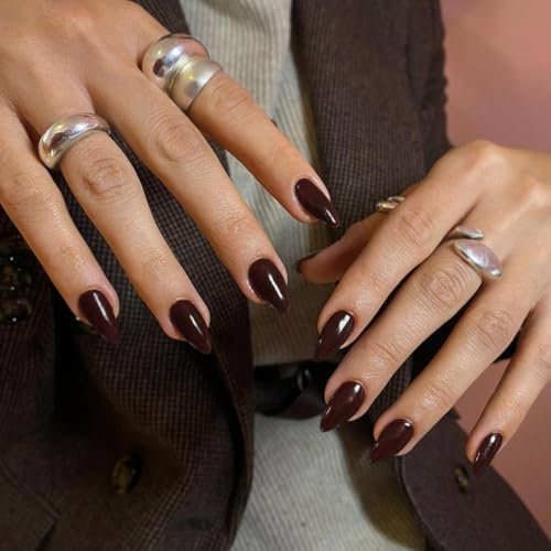 SXVME Dark Brown Press on Nails Short Almond Shaped, 30 Pcs Thick Short Fake Nails Press ons Natural Acrylic False Nails Winter Solid Color Medium Natural Fit Glue on Nails For Women