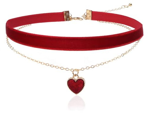 YUNHENTONG Choker Rot Kette Rote Kette Goth Choker Samt Choker Herz Gothic Choker Halsband Damen Schmuck Joker Kette Gothic Kette Damen Halskette für Karneval, Valentinstag, Volkstrauertag