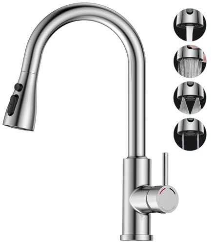 SREWOHS PRO Wasserhahn Küche,Küchenarmatur Edelstahl,Ausziehbar Brause,4 Sprühfunktionen,Hoher Auslauf(187mm),360° Drehbar,Niederdruck Mischbatterie,1 Loch Spültischarmatur,3/8 Zoll Armatur,Nickel
