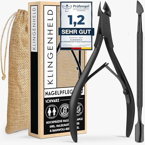 KLINGENHELD® Präzise Nagelhautzange inkl. 1 Nagelhautschieber - Sehr leichtgängig & extra scharf - inkl. Reise-Etui aus Baumwolle 100% plastikfrei & nachhaltig - Nagelhautschere (Black)
