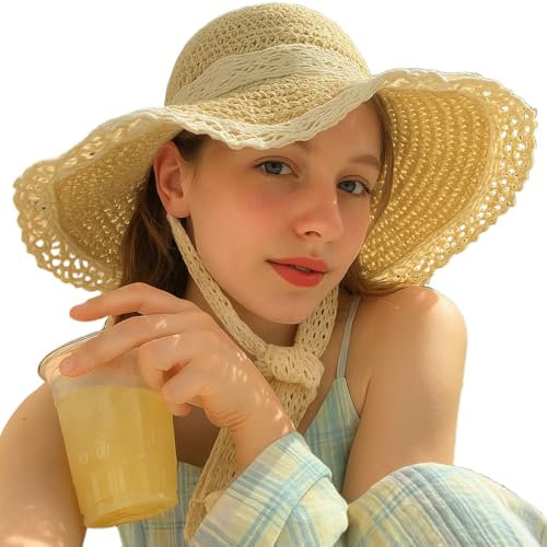 ZKGYUS Chapeau de Paille, Chapeau Femme, Femmes Chapeaux de Soleil, Chapeau de Paille à Bord Large, Chapeau de paille en dentelle