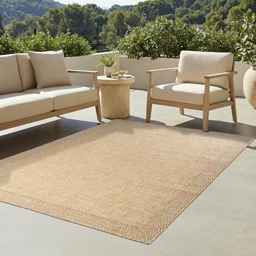 TAPISO Yucana In & Outdoorteppich Creme Beige Rahmen 200 x 300 cm | strapazierfähiges Flachgewebe Robust UV-beständig Wetterfest Balkon Terrasse Garten Küchen Modern OEKO-TEX