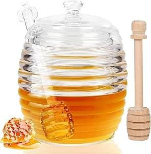 Culinavog Glass Honey Pot, Transparent Honey Jars with Spoon and Lid, 240ml honey Pot Container for Serving Syrup, Wide Mouth honey Storage Jar Dispenser for Home Kitchen
