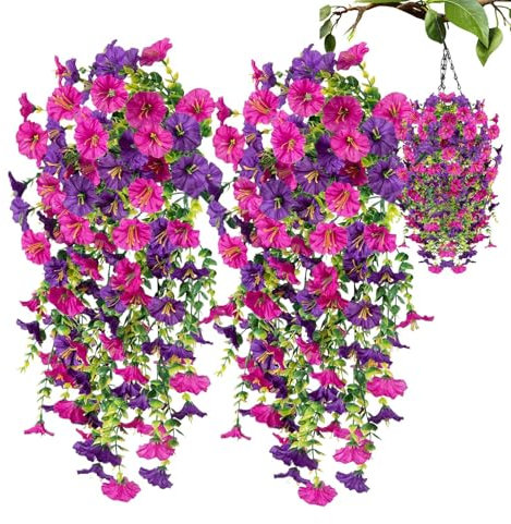 Lot De 4 Pétunias Artificiels D'intérieur Et D'extérieur | Ipomée Retombante Réaliste Et Résistante Aux UV | Plant-ES Artificielles Suspendues pour Jardinières, Terrasses, Allées, Jardins, Vérandas