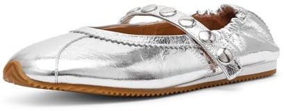 Steve Madden Women's Anaya Ballet Flat, Silver Leather Studded, 6.5