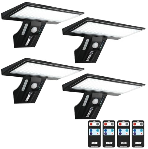 JESLED Solarlampen für Außen mit Bewegungsmelder, 90LED Solarleuchte mit Fernbedienung, 2600mAh Solarleuchte Sicherheitswandleuchte, 3 Modi IP65 Wasserdichte Wandlampe für Garten Hof Garage,4 Stück | 3 Farbtemperaturen mit Fernbedienung, Solarleuchte Sicherheitswandleuchte, 3 Modi IP65 Wasserdichte Wandlampe für Garten Hof