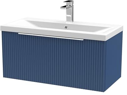 Balterley Vanity Unit with Basin Wall Hung, Single Drawer Soft Close with Mid Edge Sink and Handles, Bathroom Vanity Units with Basin, Fluted Front Sink Cabinet - 810 x 390 x 399mm (Blue)
