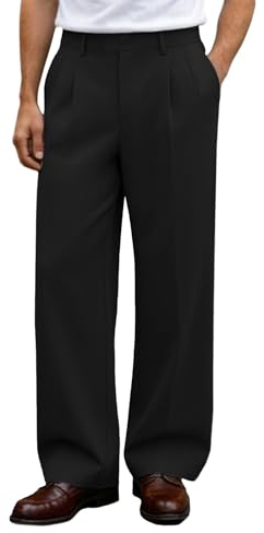 FEDTOSING Pleated Baggy Dress Trousers Men Black Wide Leg Pants Mens Slacks Casual Loose Fit Old Money Trousers for Men