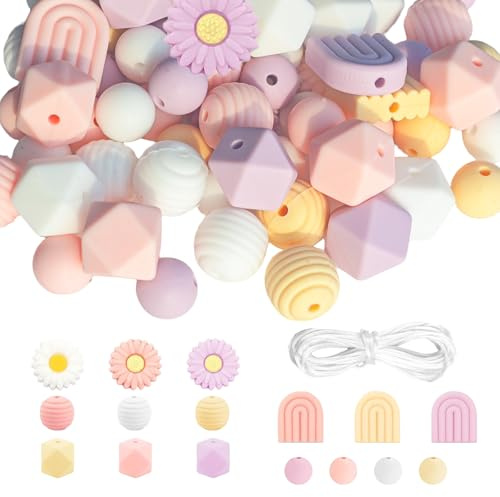 Hautllaif Silikonperlen Set – 76 Stück Rundperlen DIY Bastelperlen, Schmuckherstellung Zubehör für Armbänder, Halsketten, Schlüsselanhänger, Rosa