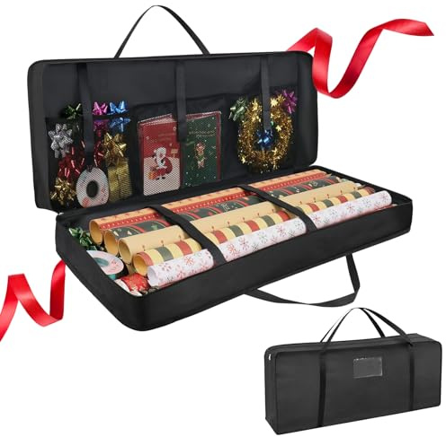 Forbabe 82x13x34cm Geschenkpapier Aufbewahrung 600D Oxford mit Griffe | Geschenkpapier Organizer Aufbewahrungstasche mit 3 Fächern Weihnachtspapier Geschenkpapierrollen Organizer für Geschenkbänder