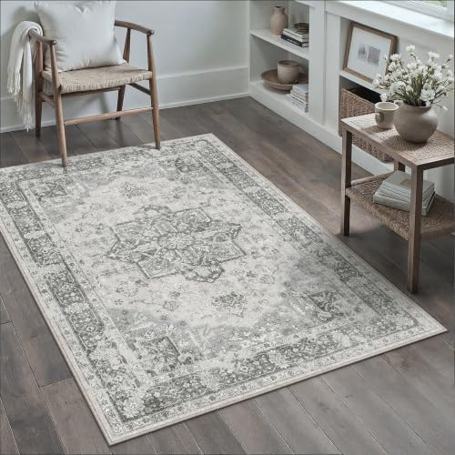 PureCozy Grau Vintage Teppich Wohnzimmer 80x150cm Waschbar | Waschbarer Teppich, Weich Rutschfest, Kurzflor im Retro, für wohnzimmerteppich Schlafzimmer Esszimmer, Carpet Teppiche