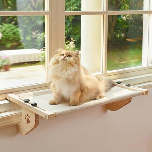 DoggKKin Wooden Cat Window Perch with Adjustable Hooks for Indoor Cats, No-Drilling Sturdy Hanging Bed for Indoor Pets, Space Saving Hammock Seat for Sunbathing, Supports up to 18kg