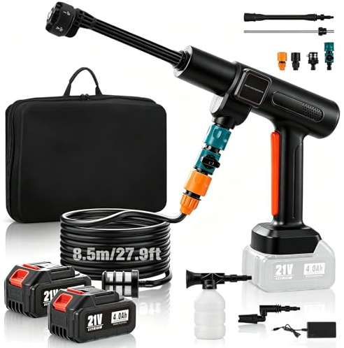 Hidrolimpiadora inalámbrica a batería, 1200 psi/83 bar, motor sin escobillas de 800 W, pistola de limpieza a presión móvil, 2 baterías de 4000 mAh, boquilla 6 en 1 + manguera de 8,5 m, para coche