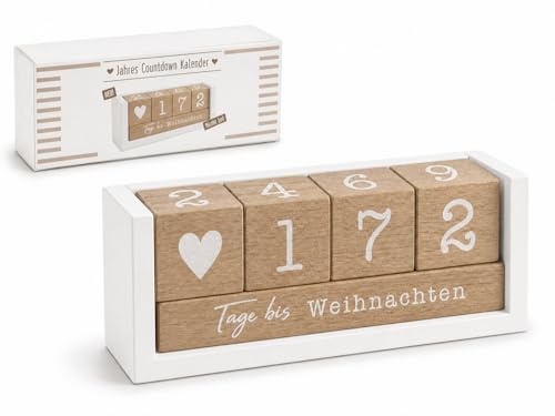 Premium Holz Countdown Kalender mit 8 Motiven | Tage bis Urlaub, Hochzeit, Geburt, Rente, Geburtstag | Dauerhafter Tischkalender mit Zahlenwürfeln & Herz | 3 Farben: Weiß, Natur, Schwarz (Holz)