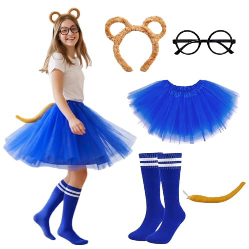Arglfty 5 Pcs Chipmunks Costumes Set, Cute Cosplay Outfit With Chipmunk Ears Headband, Round Glasses, Tutu Skirt, Striped Knee Socks & Plush Tail For Halloween, Carnival, World Book Day (blue)