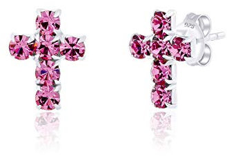 Orecchini a Croce Argento 925 con Brillantini Punto Luce di Vero Cristallo - Orecchini a Perno - Orecchini Donna Fucsia - Orecchini Punti Luce - Orecchini Croce Argento 925 - Orecchini Fuxia