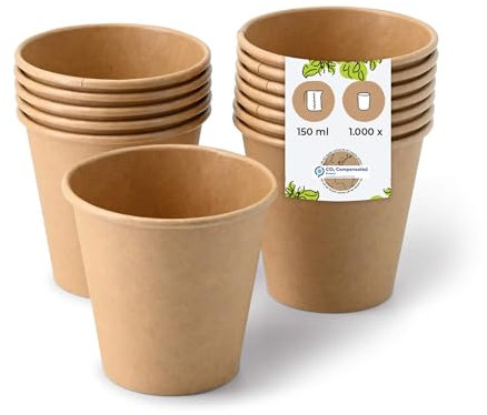 BIOZOYG 1000x vasos desechables 150 ml / 6 oz, Ø 80 mm marrón - vasos cafe sin plástico y con materiales sostenibles - vasos cafe desechables
