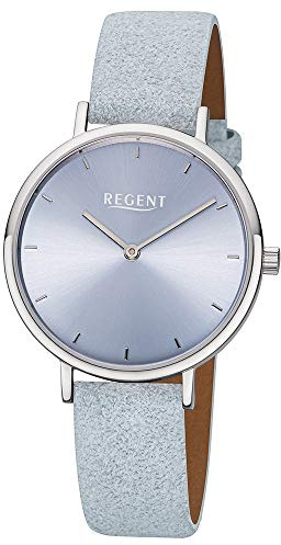 REGENT Damen-Armbanduhr Edelstahl analog Quarz Lederband blau F-1136