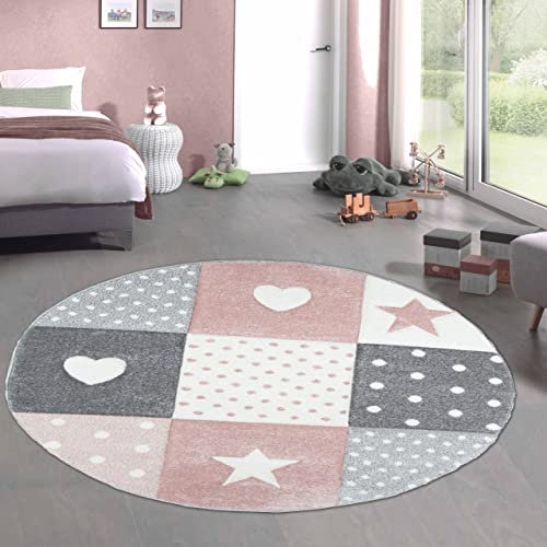 CARPETIA Kinderteppich Spielteppich Babyteppich Mädchen mit Herz Stern rosa Creme grau Größe 200 cm Rund