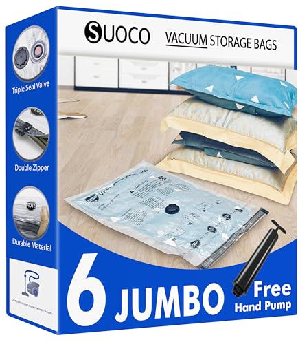 SUOCO Sacchi Sottovuoto Vestiti con Pompa Manuale, 6 Jumbo, Sacchetti per Vestiti, Coperte e Piumoni, Salvaspazio per Armadi e Valigie