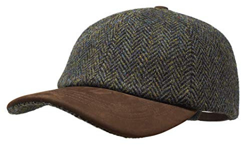 Borges & Scott Munro Baseball Cap - 100% Wolle - Harris Tweed – Schirm aus Nubuk Leder - Efeugrün Herringbone