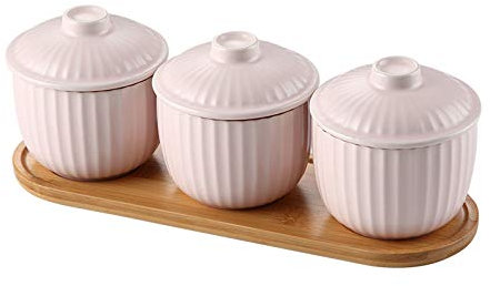 Seasoning Box, Condiment Cruet Bottle Spice Jar Set of 3 Ceramic Pots Spice Jars/Pots,Cruet with Spoon,Lid and Stand Suitable for Salt, Pepper