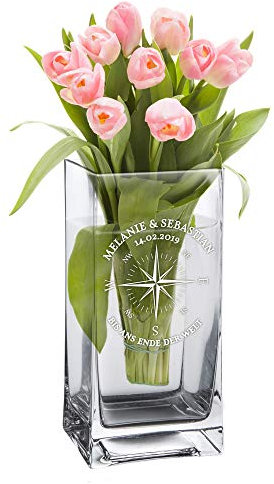 Casa Vivente Eckige Blumenvase mit Gravur zur Hochzeit, Kompass Liebe, Personalisiert mit Namen und Datum, Hochzeitsgeschenke für Brautpaar
