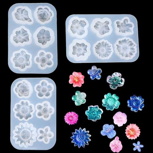 FineInno 3Pcs Moldes de Resina Flores Molde Silicona Molde de Fundición de Epoxi, Fabricación Artesanal Joyas Bricolaje Colgante Collar Pendiente (Moldes de Resina Flores)