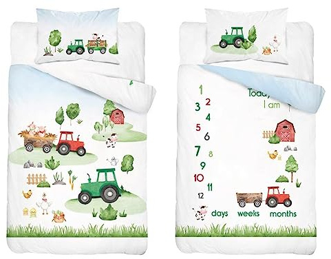 Bauernhof Tiere Traktor Kinder Babybett Bett Babybett Babybett Kinderbett Bettwäsche-Set (100 x 135 cm) Mehrfarbig