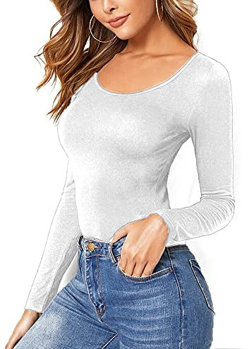 Women Ladies Long Sleeve Round Neck Plain Top Stretchy Casual T Shirts Basic Slim fit Tee Tops 12-14 - White