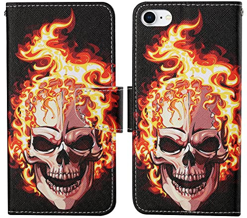 Wuhaizher iPhone SE 2022/SE 2020/7/8 Case - Skull Flip Wallet Kickstand Shockproof Leather Faux Leather Silicone Case with Magnetic Closure, Card Slots, Stand for Movie Watching