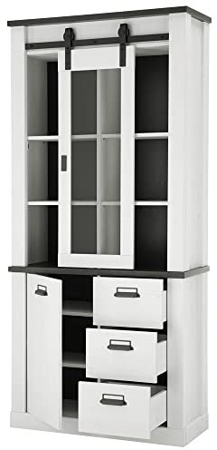 Lomadox Vitrine in Pinie weiß Nb. mit anthrazit, B/H/T: ca. 93/201/38 cm