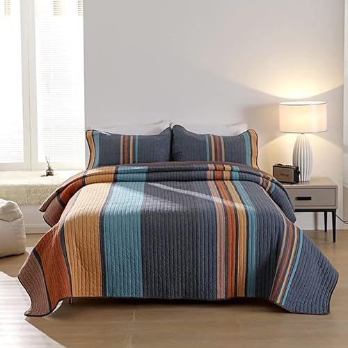 XIUWOUG Tagesdecke 220X240 Bettüberwurf Baumwolle 3 Teilig Bunt Gestreifte Tagesdecke Zum Wenden Mit 2 Kissenbezügen Überwurf Für Sofa, Sessel&Bett Kuscheldecke Sofadecke,220x240cm