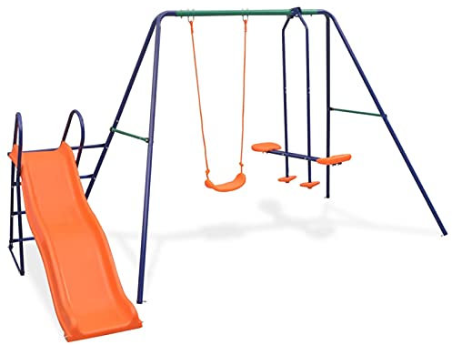 Yumeng Schaukelset mit Rutsche und 3 Sitzen, Schaukelgestell, Schaukel Outdoor Mit Gestell, Doppelschaukel, Gartenschaukel, Draußen Schaukeln, Orange