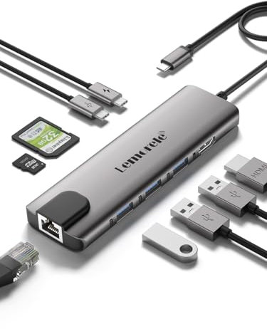 Lemorele Aluminium 9-in-1 Docking Station USB-C Hub - 4K HDMI, Gigabit Ethernet (1Gbps), 100W PD, 3X USB-A, USB-C Datenport, SD/TF - für MacBook/iPad/Windows, MacBook Air/Pro, Switch, Chromecast