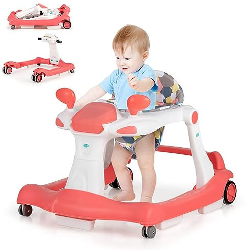 DREAMADE 2 in 1 Lauflernhilfe mit Musik & Licht, Baby Walker Höhenverstellbar & Klappbar, Lauflernwagen Baby ab 6 Monaten (Rosa)