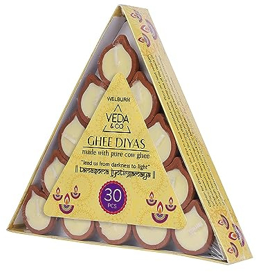 Welburn Veda&Co™ Pure Cow Ghee Diya for Puja - 30 Stück, 45 Minuten Brenndauer, geklärte Butter gefüllt, Paraffinfrei, Ton Diya Lampe, gebrauchsfertig, Diya, Yoga & Meditation, umweltfreundliche Pooja