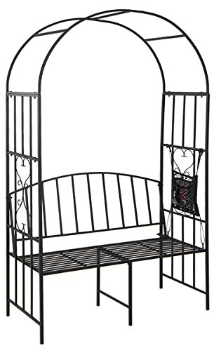 RELAX4LIFE Gartenbank mit Rosenbogen, 2-Sitzer Bank aus Metall mit Rankgitter & Netztasche, Dekorativer Wetterfester Torbogen für Garten, Hochzeit & Zeremonie, 116 × 51 × 206 cm, Schwarz