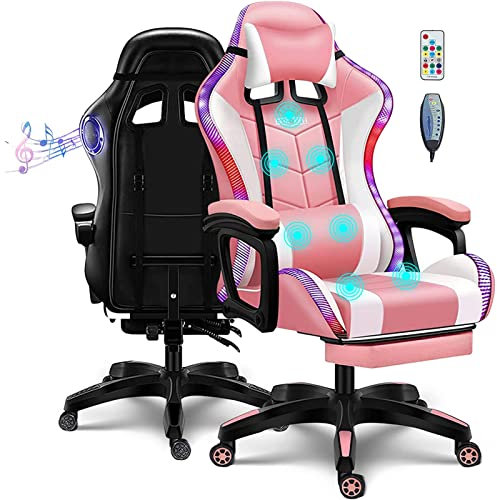Silla gaming con altavoz RGB LED Lights para Aldult Video Chair masaje PU Silla de carreras ergonómica de cuero con soporte lumbar ajustable y función de inclinación del reposacabezas,Rosado