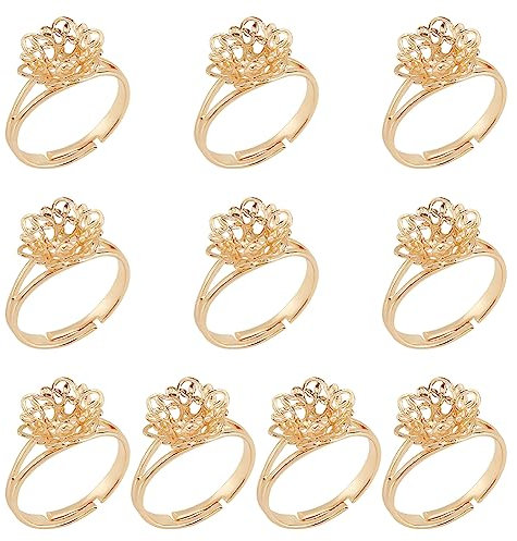 nbeads 10 Stück BLUMENNn Klaue Ring Rohlinge, 17.3mm Offen Verstellbare Ringbasis Verstellbare Messing Filigran Ring Einstellungen BLUMENNn Finger Ringe Echt 14K Vergoldet Für DIY Ring Schmuck Machen