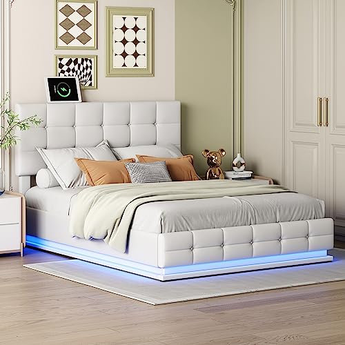KecDuey Doppelbett,Polsterbett 140x200 cm mit LED Beleuchtung & Hydraulisch anhebbarer Bettstauraum,Bettkasten & Lattenrost Bezug aus Kunstleder Erwachsenen Jugendbett (Weiß)
