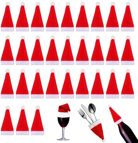 ZZRSYJ Mini Weihnachtsmütze,30 Stück Weihnachtsmütze Besteck,Mini Xmas Rot Weihnachtsmann Hüte,Weihnachtsmütze Tischdeko,Kleine Nikolausmützen,für Besteck Flasche,Xmas Home Party Tischdekoration