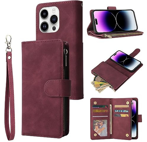 QLTYPRI Case for iPhone 15 Pro Max 6.7 inch, Large Capacity Leather Wallet Case 6 Card Holder & 1 Zipper Pocket Kickstand Wrist Strap Magnetic Case for iPhone 15 Pro Max - Wine Red