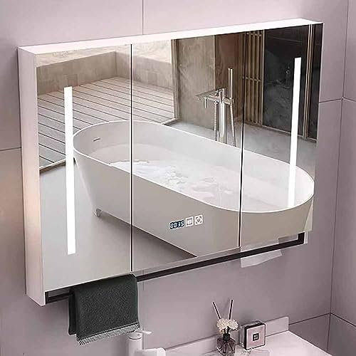 UkewEi 90x75x12cm Armoire de Toilette avec 3 Portes et Miroir Anti-buée, LED Armoire Murale avec Lumière, Temps/température, Meuble de Rangement para Salle de Bain ( Color : White , Size : 90*75*12cm
