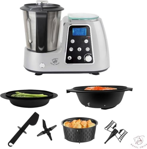 Royal Swiss® Robot de Cuisine Multifonction 1800W – Mixeur, Cuiseur, Pétrisseur, Écran LCD, Bol Inox 2,5L, 10 Vitesses, 5 Programmes Préréglés, 10 vitesses, sécurité thermique et anti-surchauffe.