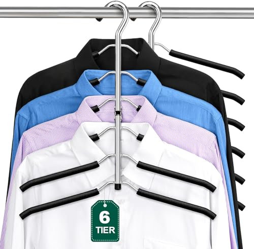 2er-Packung Platzsparende Kleiderbügel, ZriEy 6-Stufiger Zusammenklappbarer rutschfeste Kleiderbügel mit Schaumstoff Gepolsterte, Metallbügel T-Shirt-Kleiderbügel, Schrank-Organizer und -Aufbewahrung