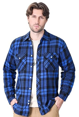 Iris Sprite Chemises à Carreaux pour Hommes Chemise à Carreaux en Flanelle Chemise décontractée à Carreaux Casual Manches Longues avec Poches(M502-Bleu, L)